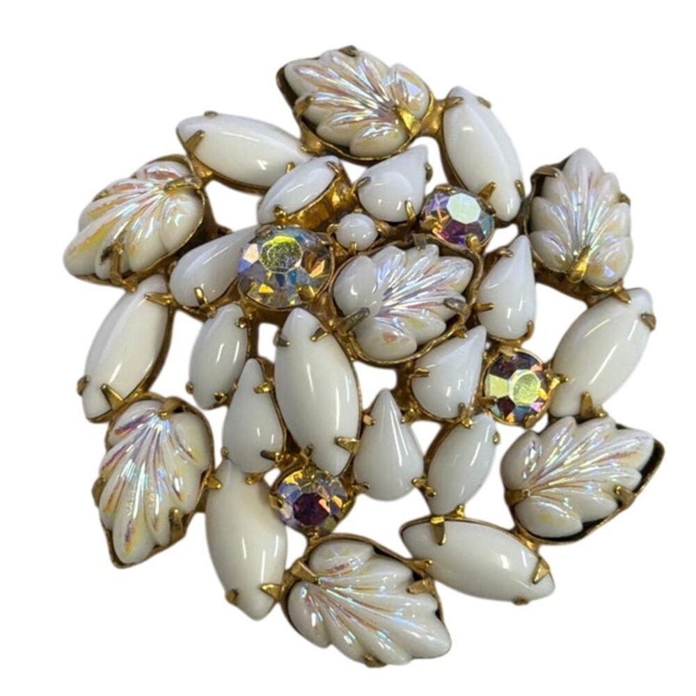 Milk Glass & AB Rhinestone Gold-tone Brooch, Vintage